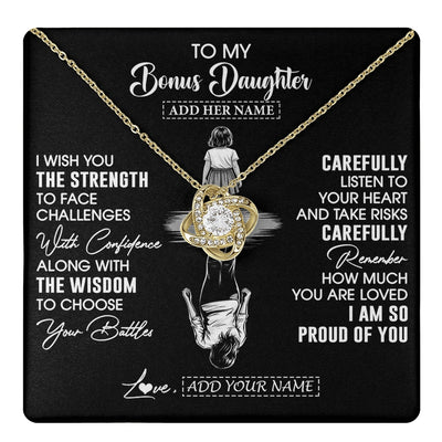 Love Knot Necklace 18K Yellow Gold Finish | 1 | Personalized To My Bonus Daughter Gifts Necklace From Stepmom I Wish You The Strength Stepdaughter Birthday Gifts Christmas Graduation Custom Gift Box Message Card | https://teecentury.