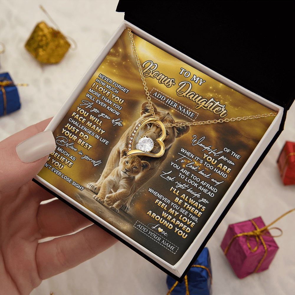 Forever Love Necklace 18K Yellow Gold Finish | 2 | Personalized To My Bonus Daughter Gifts Necklace From Stepmom Never Forget How Much I Love You Lion Stepdaughter Birthday Gifts Christmas Gift Box Message Card | https://teecentury.