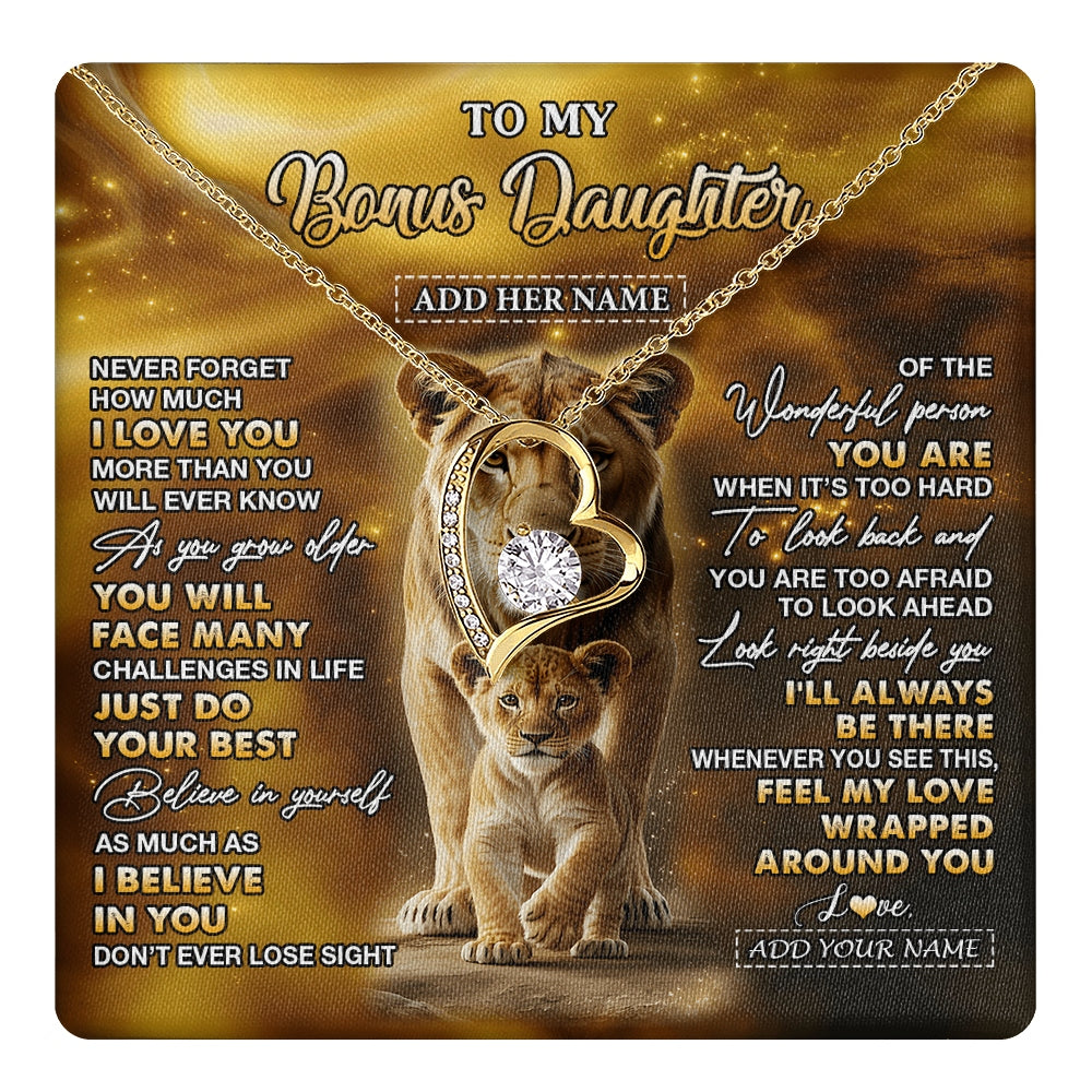 Forever Love Necklace 18K Yellow Gold Finish | 1 | Personalized To My Bonus Daughter Gifts Necklace From Stepmom Never Forget How Much I Love You Lion Stepdaughter Birthday Gifts Christmas Gift Box Message Card | https://teecentury.