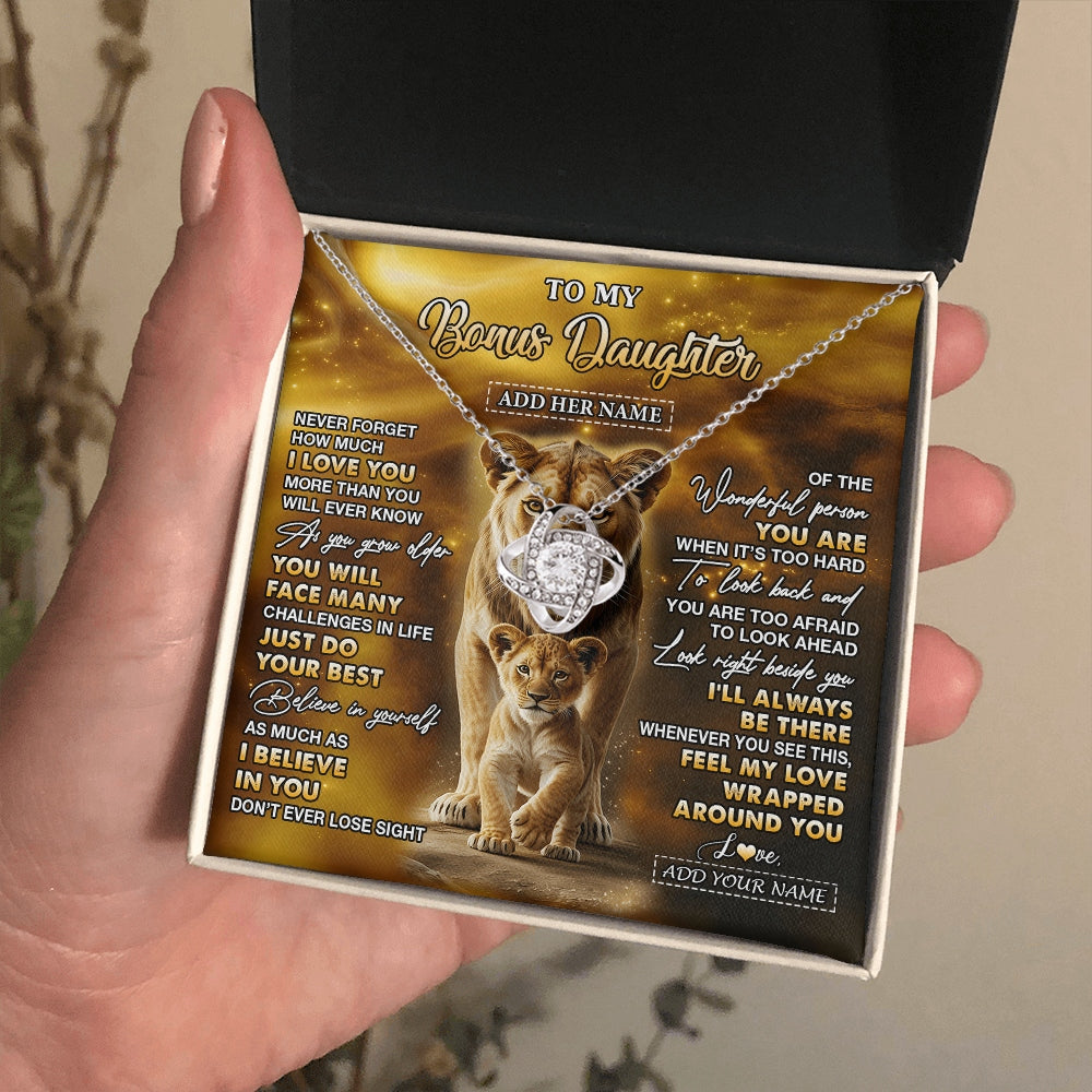Love Knot Necklace 14K White Gold Finish | 2 | Personalized To My Bonus Daughter Gifts Necklace From Stepmom Never Forget How Much I Love You Lion Stepdaughter Birthday Gifts Christmas Gift Box Message Card | https://teecentury.