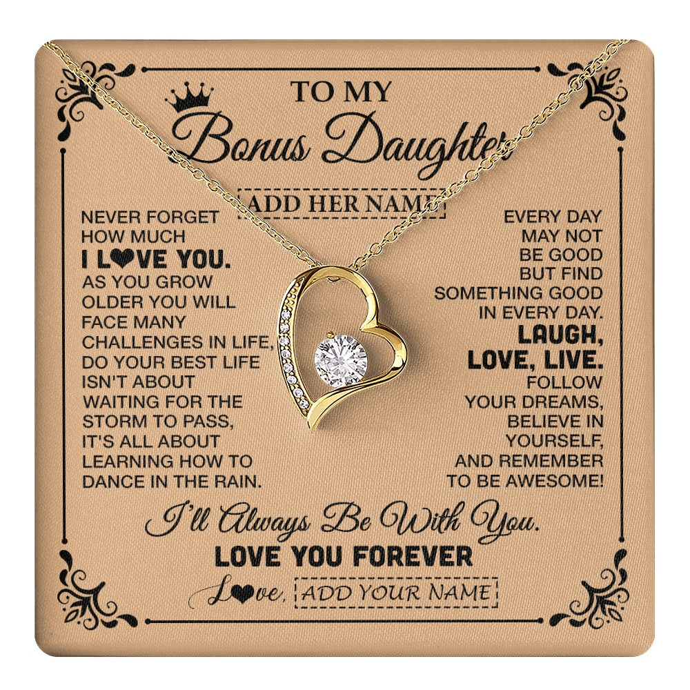Forever Love Necklace 18K Yellow Gold Finish | 1 | Personalized To My Bonus Daughter Gifts Necklace From Stepmom Never Forget How Much I Love You Stepdaughter Birthday Gifts Christmas Gift Box Message Card | https://teecentury.