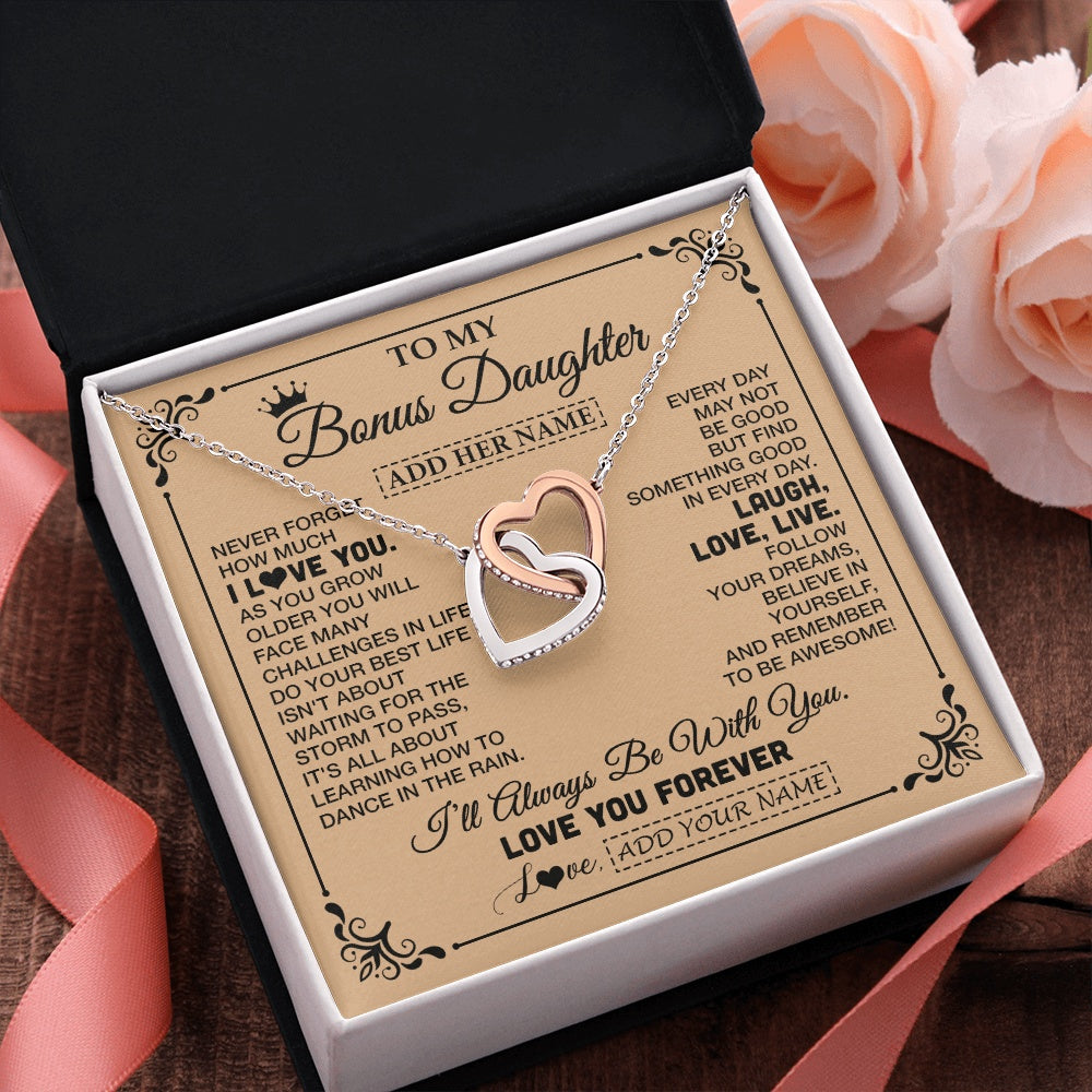 Interlocking Hearts Necklace Stainless Steel & Rose Gold Finish | 2 | Personalized To My Bonus Daughter Gifts Necklace From Stepmom Never Forget How Much I Love You Stepdaughter Birthday Gifts Christmas Gift Box Message Card | https://teecentury.