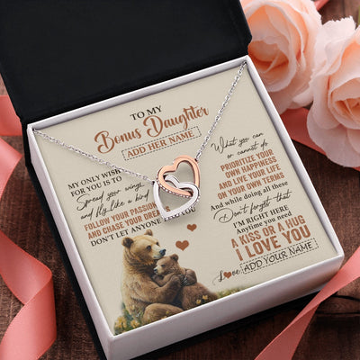 Interlocking Hearts Necklace Stainless Steel & Rose Gold Finish | 2 | Personalized To My Bonus Daughter Gifts Necklace From Stepmom Stepdad Bear My Only Wish For You Stepdaughter Birthday Gifts Christmas Gift Box Message Card | teecentury.myshopify