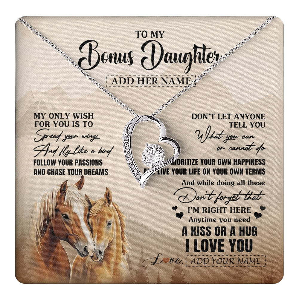 Forever Love Necklace 14K White Gold Finish | 1 | Personalized To My Bonus Daughter Gifts Necklace From Stepmom Stepdad Horse My Only Wish For You Stepdaughter Birthday Gifts Christmas Gift Box Message Card | https://teecentury.