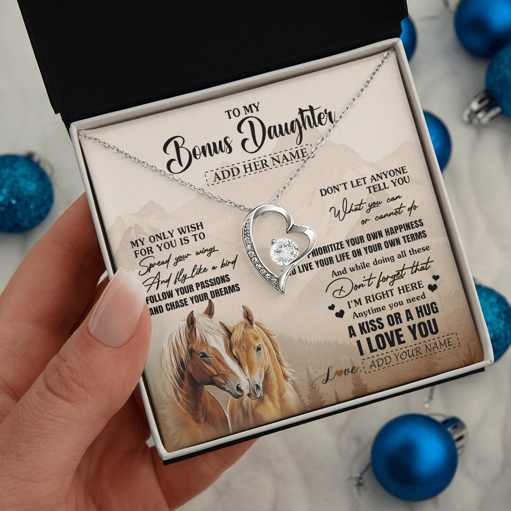 Forever Love Necklace 14K White Gold Finish | 2 | Personalized To My Bonus Daughter Gifts Necklace From Stepmom Stepdad Horse My Only Wish For You Stepdaughter Birthday Gifts Christmas Gift Box Message Card | https://teecentury.