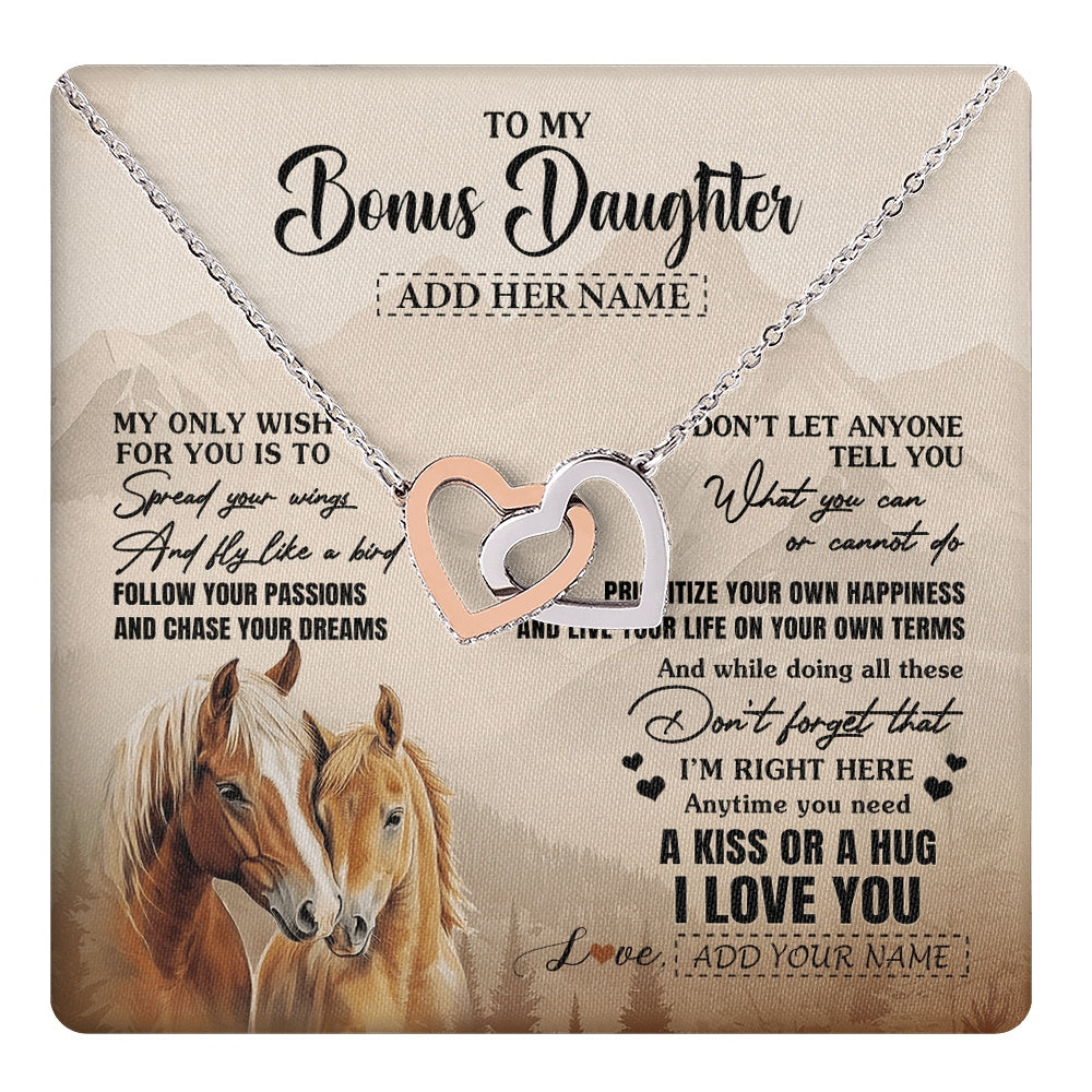 Interlocking Hearts Necklace Stainless Steel & Rose Gold Finish | 1 | Personalized To My Bonus Daughter Gifts Necklace From Stepmom Stepdad Horse My Only Wish For You Stepdaughter Birthday Gifts Christmas Gift Box Message Card | https://teecentury.
