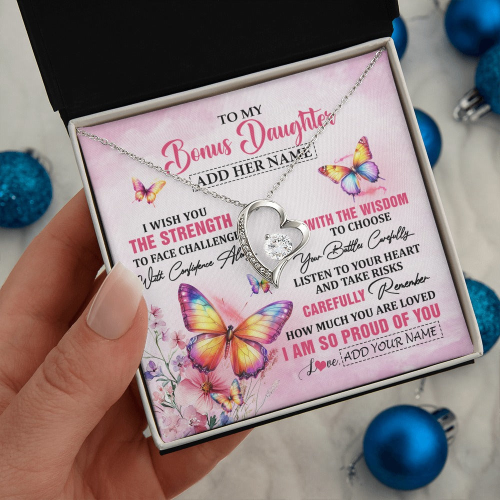 Forever Love Necklace 14K White Gold Finish | 2 | Personalized To My Bonus Daughter Gifts Necklace From Stepmom Stepdad I Wish You The Strength Butterfly Stepdaughter Birthday Christmas Gift Box Message Card | https://teecentury.