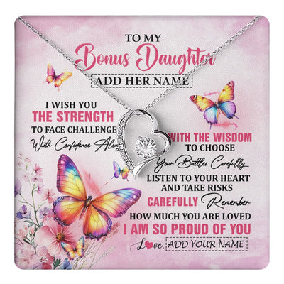 Forever Love Necklace 14K White Gold Finish | 1 | Personalized To My Bonus Daughter Gifts Necklace From Stepmom Stepdad I Wish You The Strength Butterfly Stepdaughter Birthday Christmas Gift Box Message Card | https://teecentury.