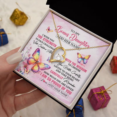 Forever Love Necklace 18K Yellow Gold Finish | 2 | Personalized To My Bonus Daughter Gifts Necklace From Stepmom Stepdad I Wish You The Strength Butterfly Stepdaughter Birthday Christmas Gift Box Message Card | https://teecentury.