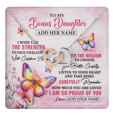 Interlocking Hearts Necklace Stainless Steel & Rose Gold Finish | 1 | Personalized To My Bonus Daughter Gifts Necklace From Stepmom Stepdad I Wish You The Strength Butterfly Stepdaughter Birthday Christmas Gift Box Message Card | https://teecentury.