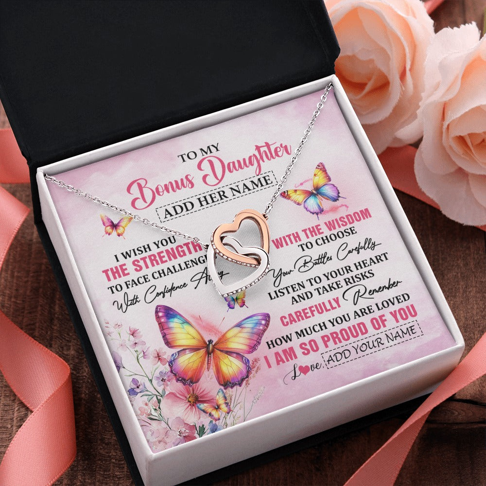 Interlocking Hearts Necklace Stainless Steel & Rose Gold Finish | 2 | Personalized To My Bonus Daughter Gifts Necklace From Stepmom Stepdad I Wish You The Strength Butterfly Stepdaughter Birthday Christmas Gift Box Message Card | https://teecentury.