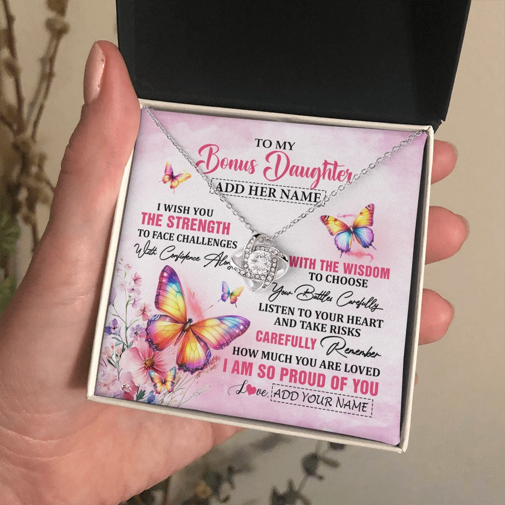 Love Knot Necklace 14K White Gold Finish | 2 | Personalized To My Bonus Daughter Gifts Necklace From Stepmom Stepdad I Wish You The Strength Butterfly Stepdaughter Birthday Christmas Gift Box Message Card | https://teecentury.