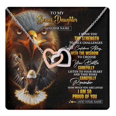 Interlocking Hearts Necklace Stainless Steel & Rose Gold Finish | 1 | Personalized To My Bonus Daughter Gifts Necklace From Stepmom Stepdad I Wish You The Strength Eagle Stepdaughter Birthday Gifts Christmas Gift Box Message Card | https://teecentury.