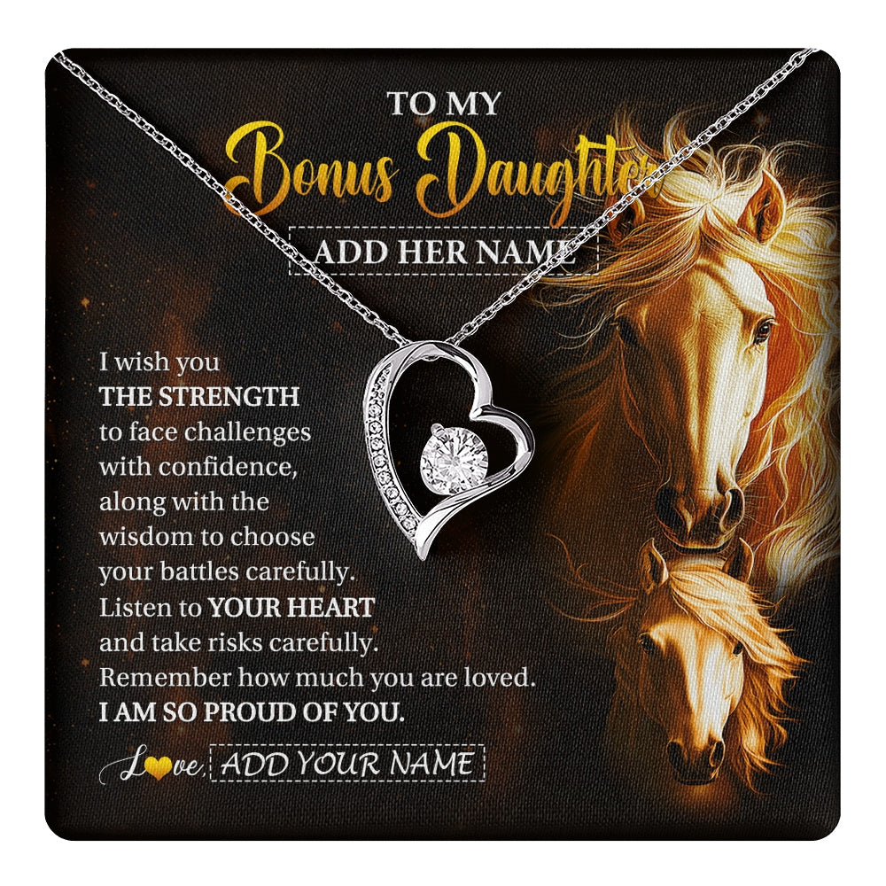 Forever Love Necklace 14K White Gold Finish | 1 | Personalized To My Bonus Daughter Gifts Necklace From Stepmom Stepdad I Wish You The Strength Horse Stepdaughter Birthday Gifts Christmas Gift Box Message Card | https://teecentury.