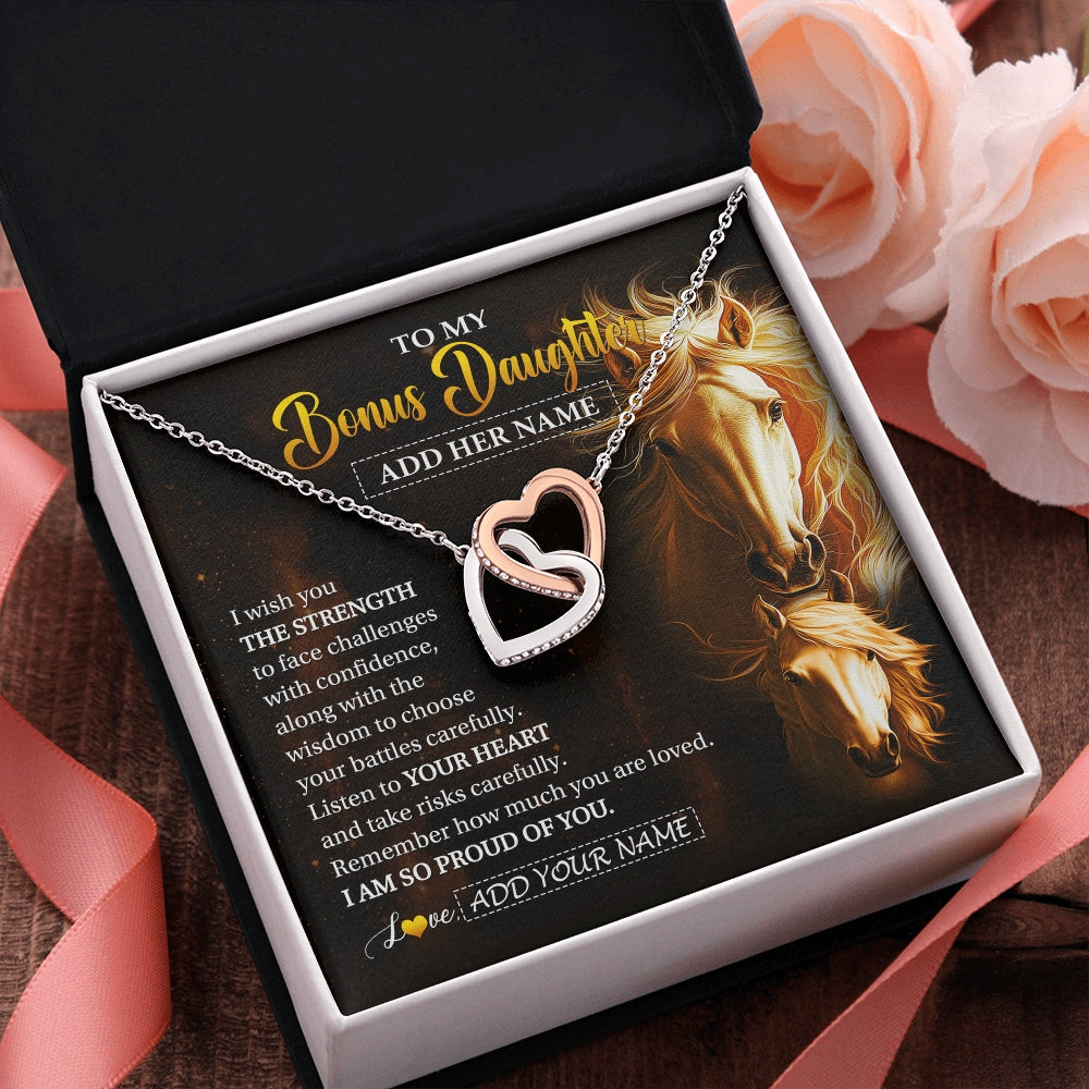 Interlocking Hearts Necklace Stainless Steel & Rose Gold Finish | 2 | Personalized To My Bonus Daughter Gifts Necklace From Stepmom Stepdad I Wish You The Strength Horse Stepdaughter Birthday Gifts Christmas Gift Box Message Card | https://teecentury.