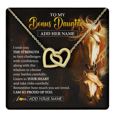 Interlocking Hearts Necklace 18K Yellow Gold Finish | 1 | Personalized To My Bonus Daughter Gifts Necklace From Stepmom Stepdad I Wish You The Strength Horse Stepdaughter Birthday Gifts Christmas Gift Box Message Card | https://teecentury.