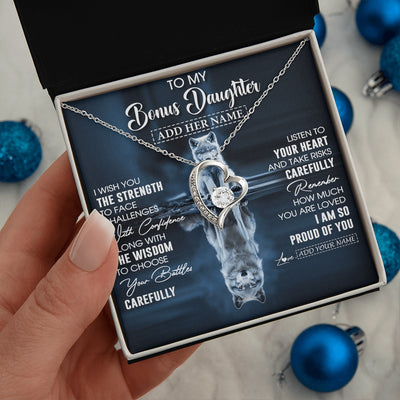 Forever Love Necklace 14K White Gold Finish | 2 | Personalized To My Bonus Daughter Gifts Necklace From Stepmom Stepdad I Wish You The Strength Wolf Stepdaughter Birthday Gifts Christmas Gift Box Message Card | https://teecentury.