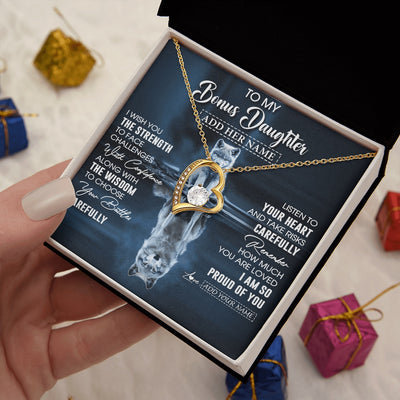 Forever Love Necklace 18K Yellow Gold Finish | 2 | Personalized To My Bonus Daughter Gifts Necklace From Stepmom Stepdad I Wish You The Strength Wolf Stepdaughter Birthday Gifts Christmas Gift Box Message Card | https://teecentury.