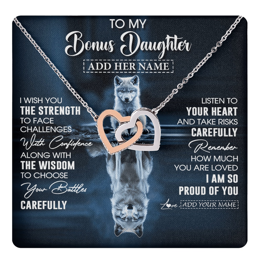 Interlocking Hearts Necklace Stainless Steel & Rose Gold Finish | 1 | Personalized To My Bonus Daughter Gifts Necklace From Stepmom Stepdad I Wish You The Strength Wolf Stepdaughter Birthday Gifts Christmas Gift Box Message Card | https://teecentury.