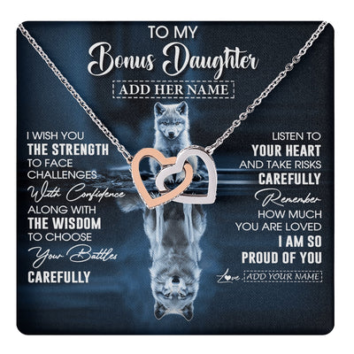 Interlocking Hearts Necklace Stainless Steel & Rose Gold Finish | 1 | Personalized To My Bonus Daughter Gifts Necklace From Stepmom Stepdad I Wish You The Strength Wolf Stepdaughter Birthday Gifts Christmas Gift Box Message Card | https://teecentury.