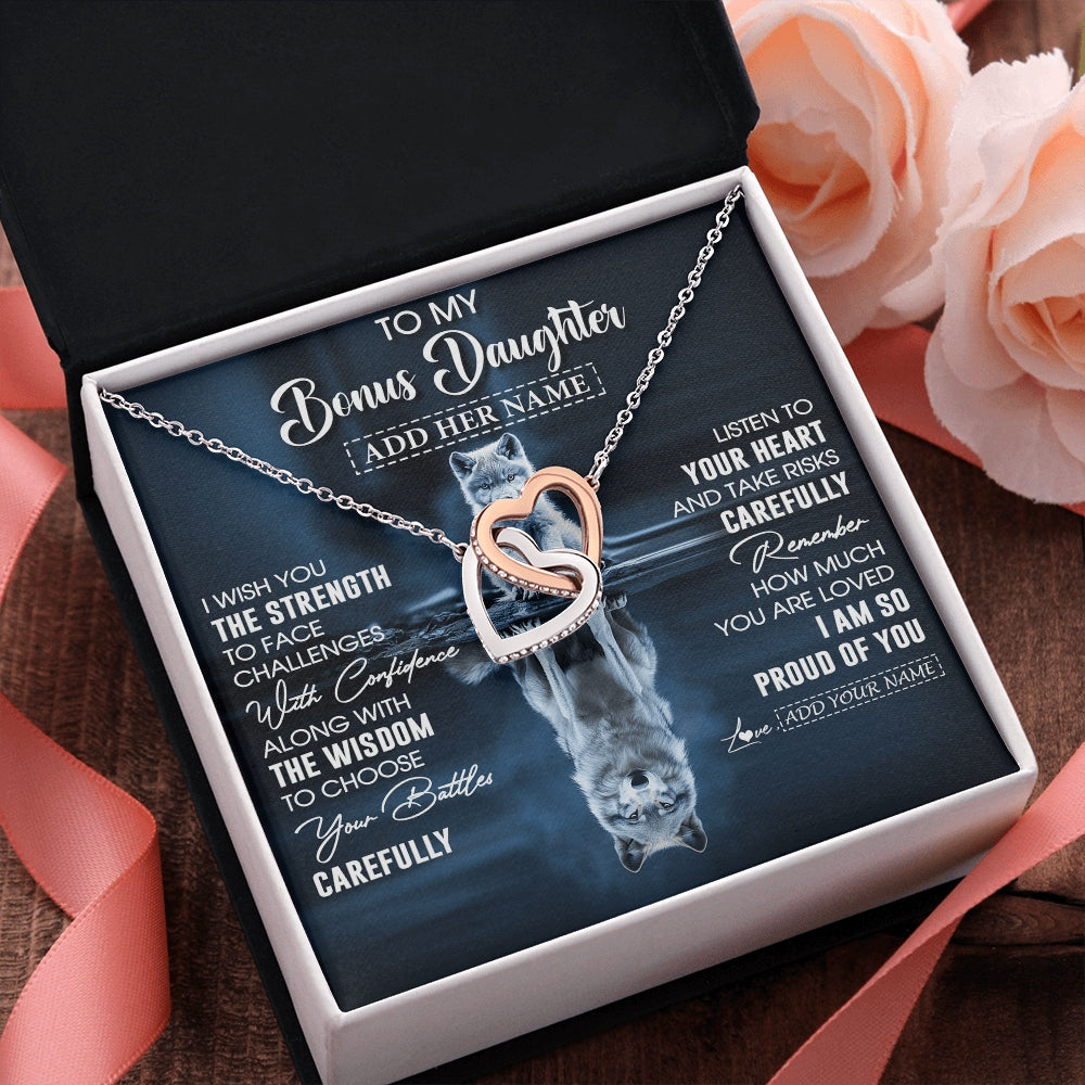 Interlocking Hearts Necklace Stainless Steel & Rose Gold Finish | 2 | Personalized To My Bonus Daughter Gifts Necklace From Stepmom Stepdad I Wish You The Strength Wolf Stepdaughter Birthday Gifts Christmas Gift Box Message Card | https://teecentury.