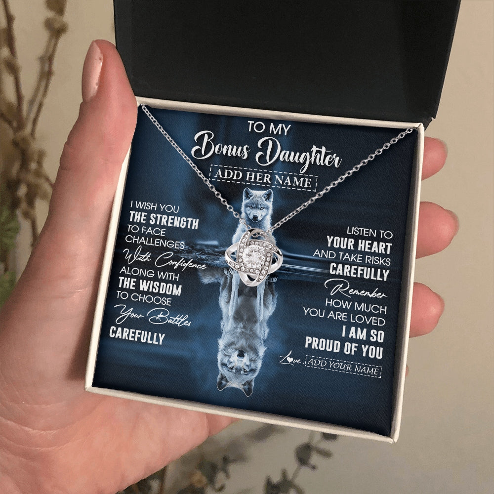 Love Knot Necklace 14K White Gold Finish | 2 | Personalized To My Bonus Daughter Gifts Necklace From Stepmom Stepdad I Wish You The Strength Wolf Stepdaughter Birthday Gifts Christmas Gift Box Message Card | https://teecentury.