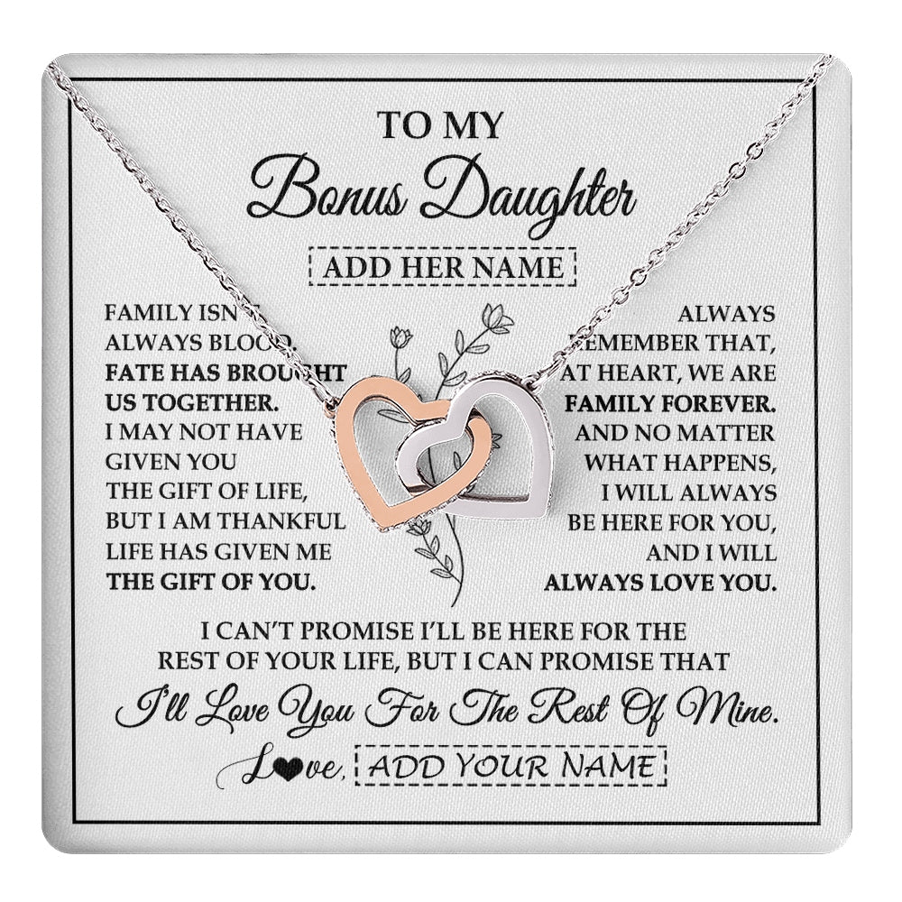 Interlocking Hearts Necklace Stainless Steel & Rose Gold Finish | 1 | Personalized To My Bonus Daughter Gifts Necklace From Stepmom Stepdad Perfect For Birthday Graduation Christmas Stepdaughter Custom Gift Box Message Card | https://teecentury.