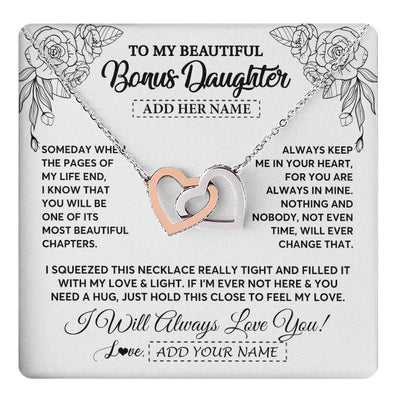 Interlocking Hearts Necklace Stainless Steel & Rose Gold Finish | 1 | Personalized To My Bonus Daughter Gifts Necklace From Stepmom Stepdad Someday When The Pages Birthday Stepdaughter Christmas Graduation Gift Box Message Card | https://teecentury.