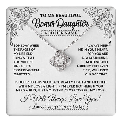 Love Knot Necklace 14K White Gold Finish | 1 | Personalized To My Bonus Daughter Gifts Necklace From Stepmom Stepdad Someday When The Pages Birthday Stepdaughter Christmas Graduation Gift Box Message Card | https://teecentury.