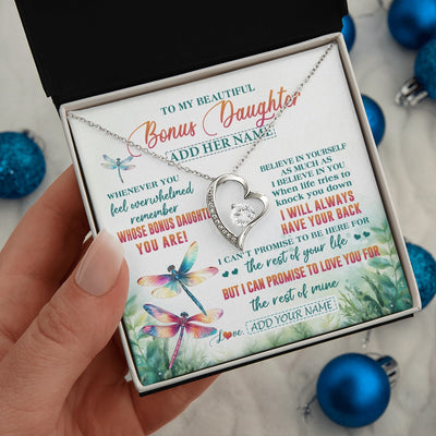Forever Love Necklace 14K White Gold Finish | 2 | Personalized To My Bonus Daughter Gifts Necklace From Stepmom Stepdad Whenever You Feel Dragonfly Stepdaughter Birthday Gifts Christmas Gift Box Message Card | https://teecentury.