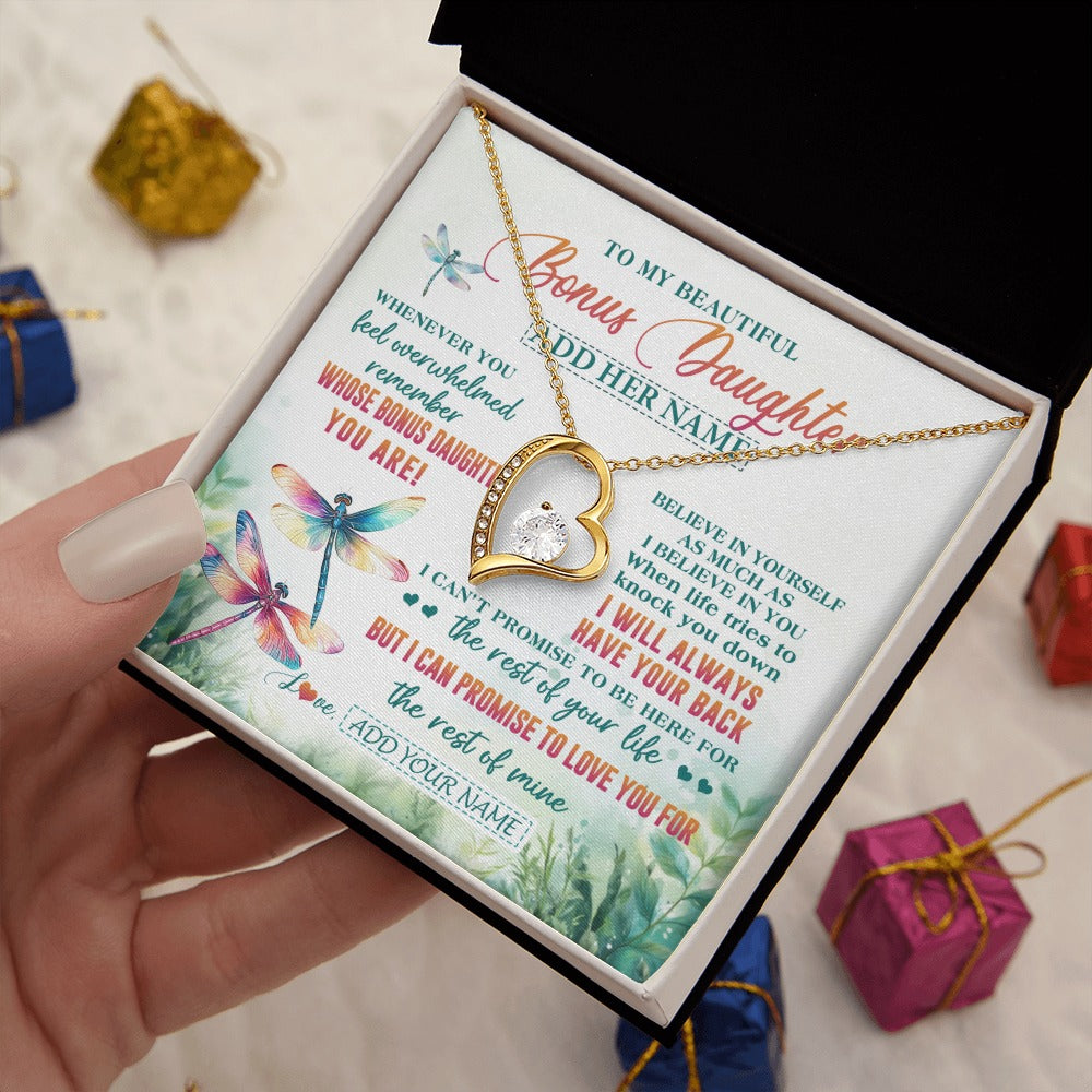 Forever Love Necklace 18K Yellow Gold Finish | 2 | Personalized To My Bonus Daughter Gifts Necklace From Stepmom Stepdad Whenever You Feel Dragonfly Stepdaughter Birthday Gifts Christmas Gift Box Message Card | https://teecentury.