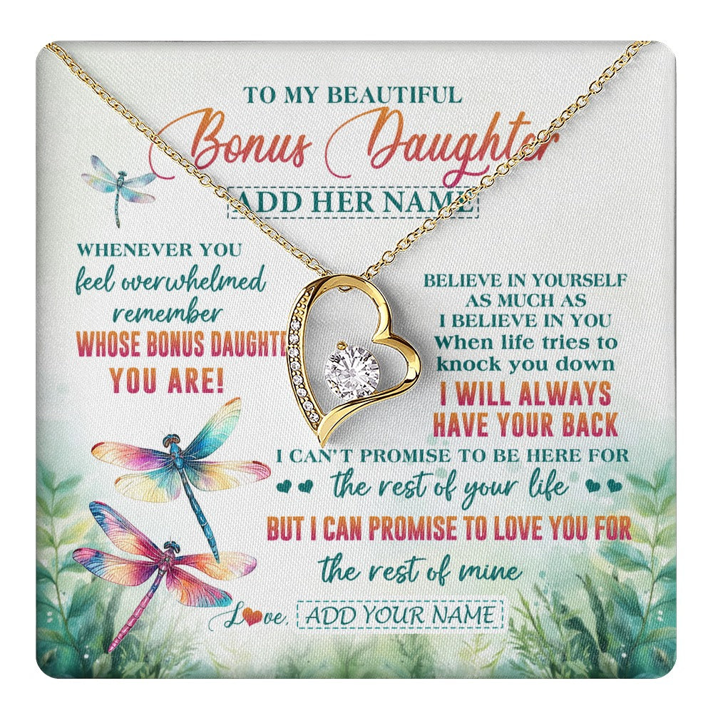 Forever Love Necklace 18K Yellow Gold Finish | 1 | Personalized To My Bonus Daughter Gifts Necklace From Stepmom Stepdad Whenever You Feel Dragonfly Stepdaughter Birthday Gifts Christmas Gift Box Message Card | https://teecentury.