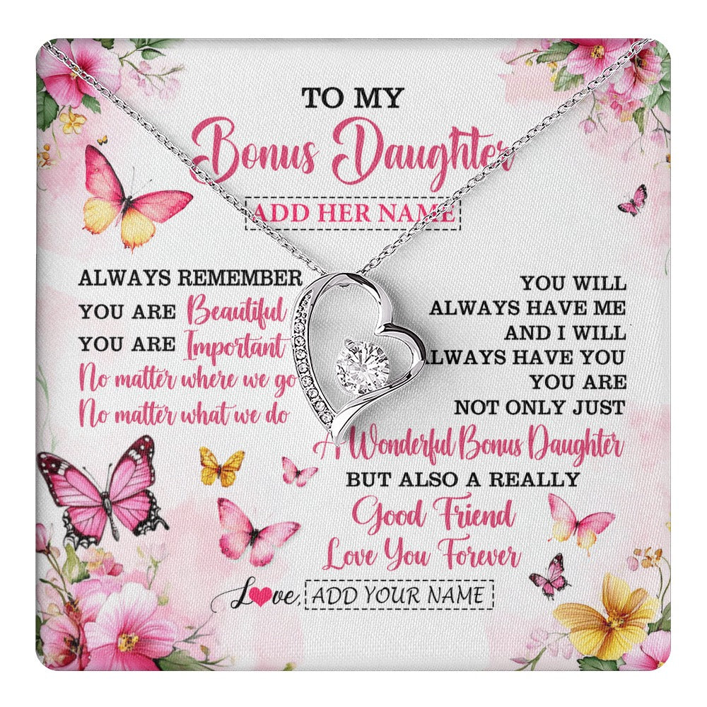 Forever Love Necklace 14K White Gold Finish | 1 | Personalized To My Bonus Daughter Gifts Necklace From Stepmom Stepdad You Are Beautiful Birthday Gifts For Stepdaughter Christmas Custom Gift Box Message Card | https://teecentury.