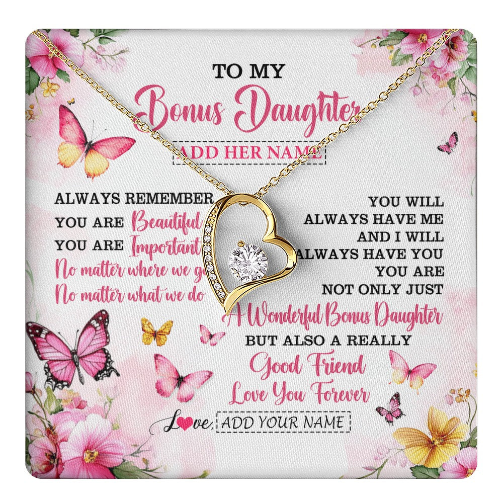 Forever Love Necklace 18K Yellow Gold Finish | 1 | Personalized To My Bonus Daughter Gifts Necklace From Stepmom Stepdad You Are Beautiful Birthday Gifts For Stepdaughter Christmas Custom Gift Box Message Card | https://teecentury.