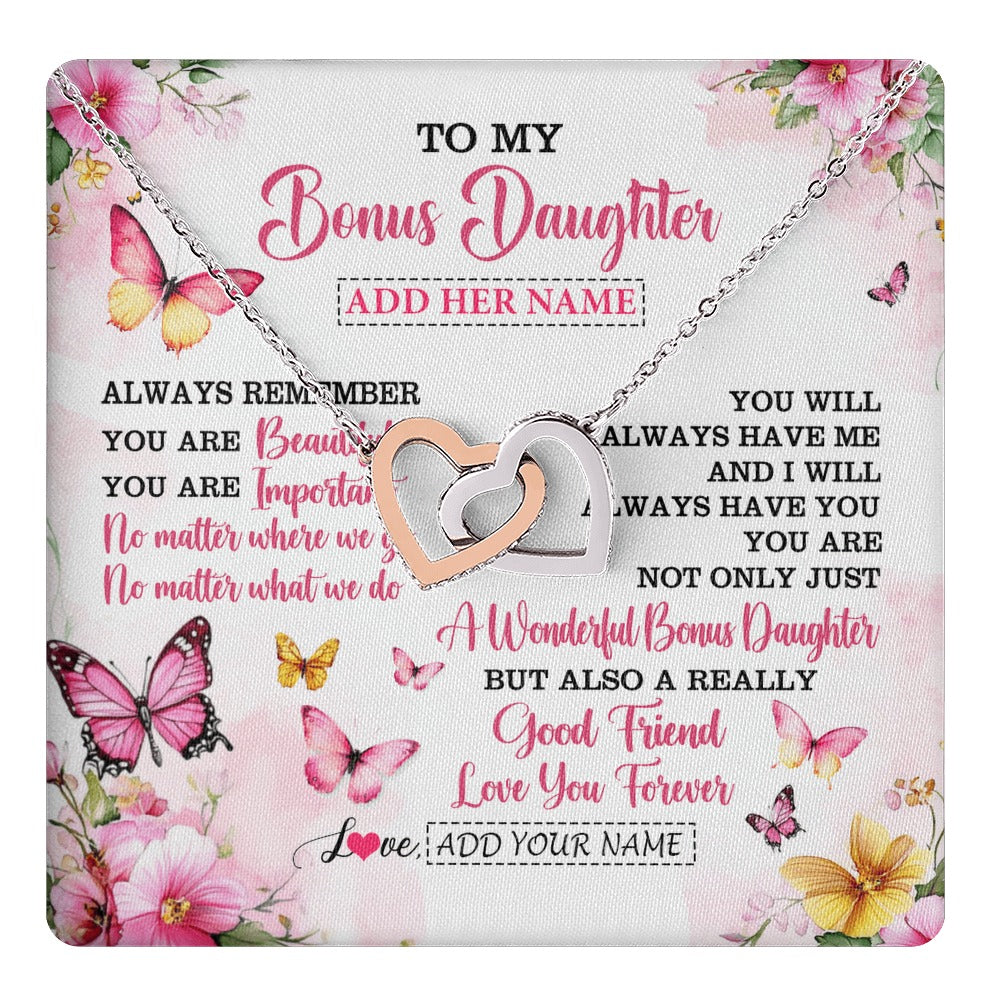 Interlocking Hearts Necklace Stainless Steel & Rose Gold Finish | 1 | Personalized To My Bonus Daughter Gifts Necklace From Stepmom Stepdad You Are Beautiful Birthday Gifts For Stepdaughter Christmas Custom Gift Box Message Card | https://teecentury.