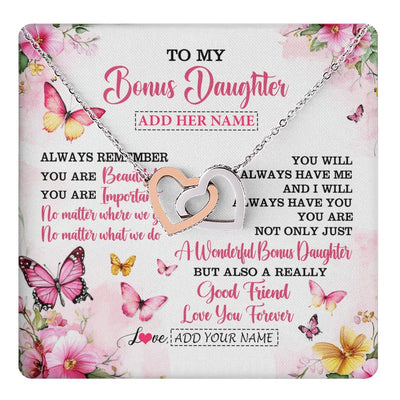 Interlocking Hearts Necklace Stainless Steel & Rose Gold Finish | 1 | Personalized To My Bonus Daughter Gifts Necklace From Stepmom Stepdad You Are Beautiful Birthday Gifts For Stepdaughter Christmas Custom Gift Box Message Card | https://teecentury.