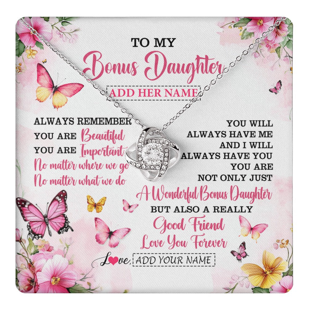 Love Knot Necklace 14K White Gold Finish | 1 | Personalized To My Bonus Daughter Gifts Necklace From Stepmom Stepdad You Are Beautiful Birthday Gifts For Stepdaughter Christmas Custom Gift Box Message Card | https://teecentury.