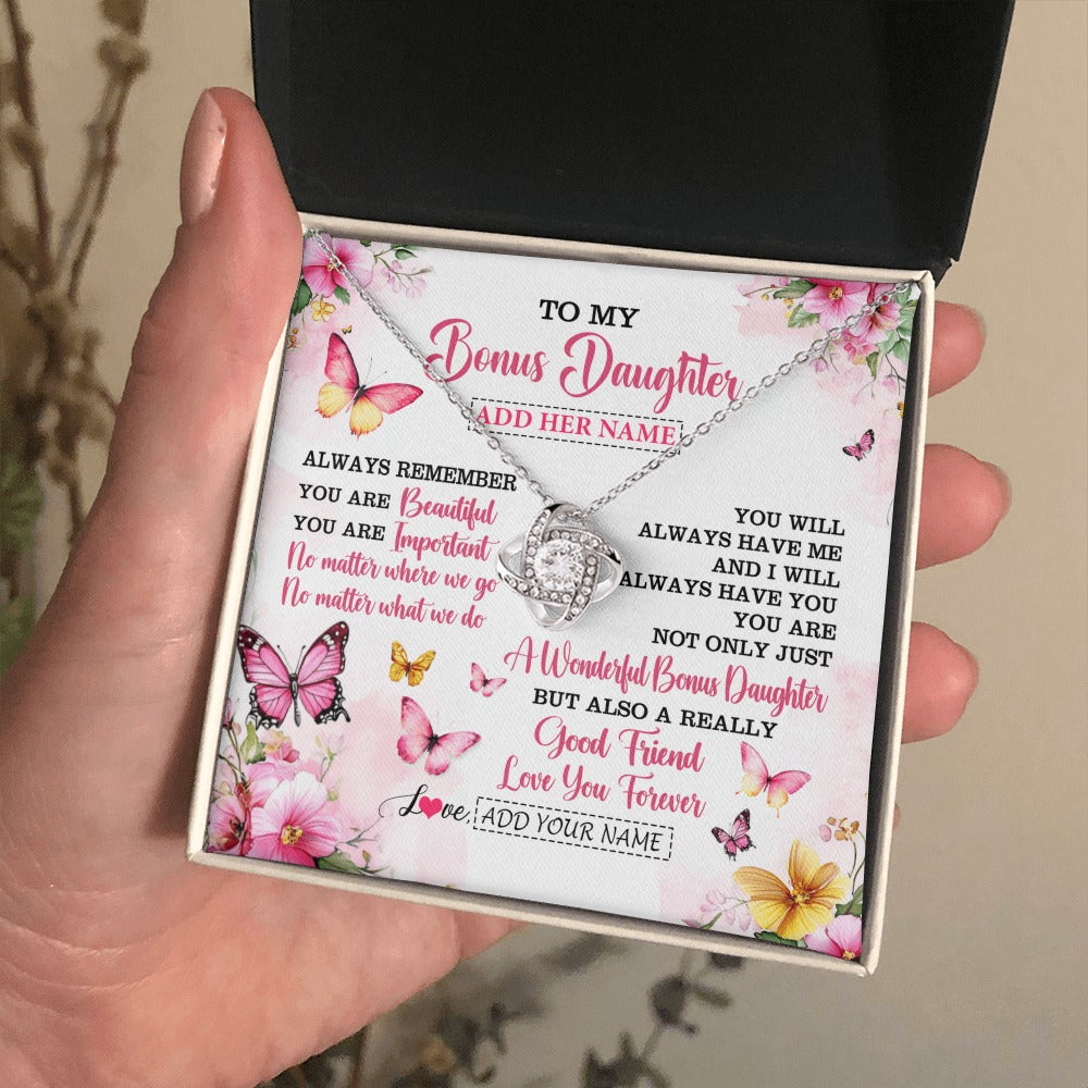 Love Knot Necklace 14K White Gold Finish | 2 | Personalized To My Bonus Daughter Gifts Necklace From Stepmom Stepdad You Are Beautiful Birthday Gifts For Stepdaughter Christmas Custom Gift Box Message Card | https://teecentury.
