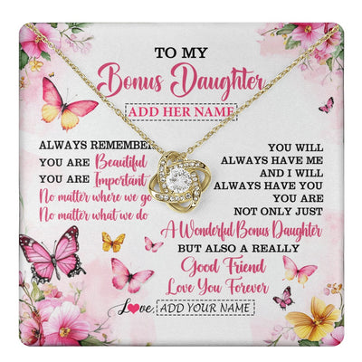Love Knot Necklace 18K Yellow Gold Finish | 1 | Personalized To My Bonus Daughter Gifts Necklace From Stepmom Stepdad You Are Beautiful Birthday Gifts For Stepdaughter Christmas Custom Gift Box Message Card | https://teecentury.