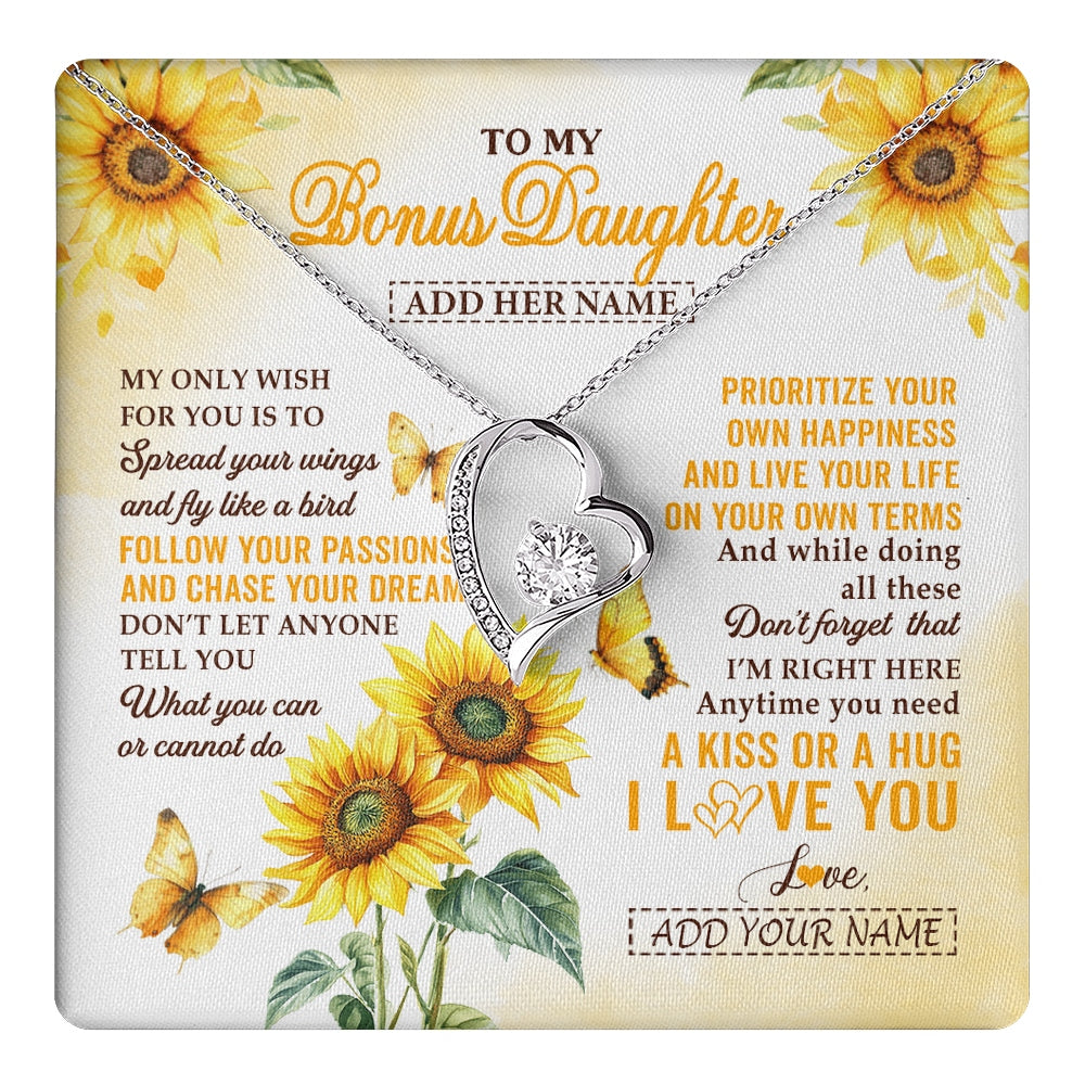 Forever Love Necklace 14K White Gold Finish | 1 | Personalized To My Bonus Daughter Gifts Necklace From Stepmom Sunflower My Only Wish For You Stepdaughter Birthday Gifts Christmas Custom Gift Box Message Card | https://teecentury.
