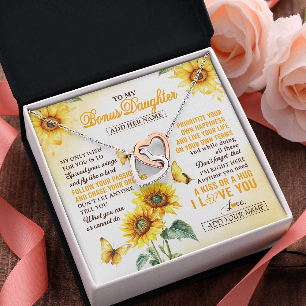 Interlocking Hearts Necklace Stainless Steel & Rose Gold Finish | 2 | Personalized To My Bonus Daughter Gifts Necklace From Stepmom Sunflower My Only Wish For You Stepdaughter Birthday Gifts Christmas Custom Gift Box Message Card | https://teecentury.