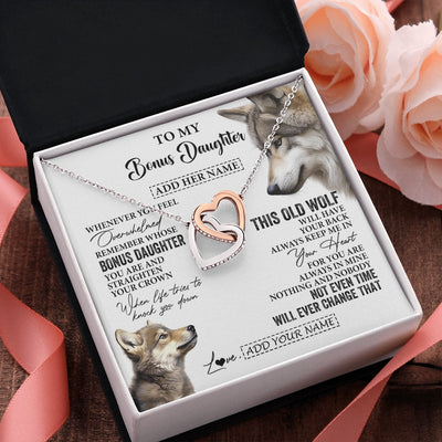 Interlocking Hearts Necklace Stainless Steel & Rose Gold Finish | 2 | Personalized To My Bonus Daughter Gifts Necklace From Stepmom Whenever Wolf Unique Birthday For Stepdaughter Graduation Christmas Custom Gift Box Message Card | https://teecentury.