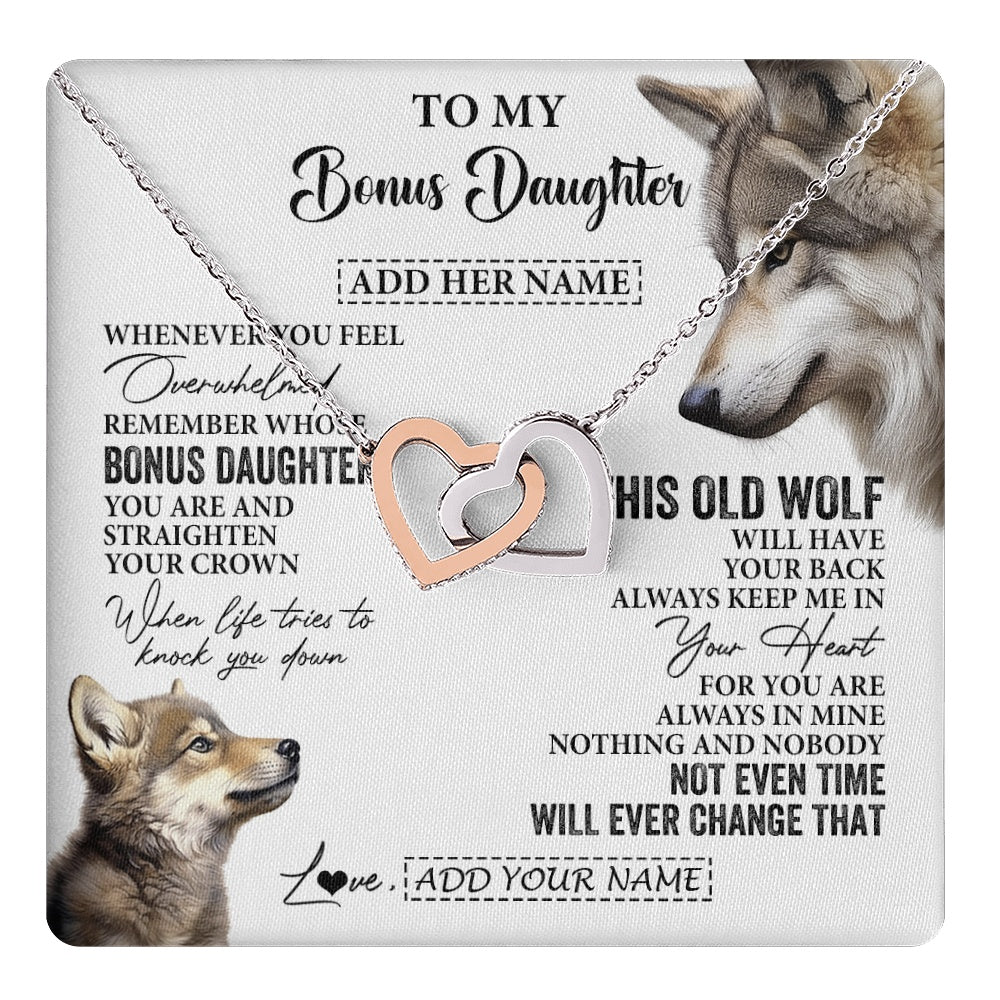 Interlocking Hearts Necklace Stainless Steel & Rose Gold Finish | 1 | Personalized To My Bonus Daughter Gifts Necklace From Stepmom Whenever Wolf Unique Birthday For Stepdaughter Graduation Christmas Custom Gift Box Message Card | https://teecentury.