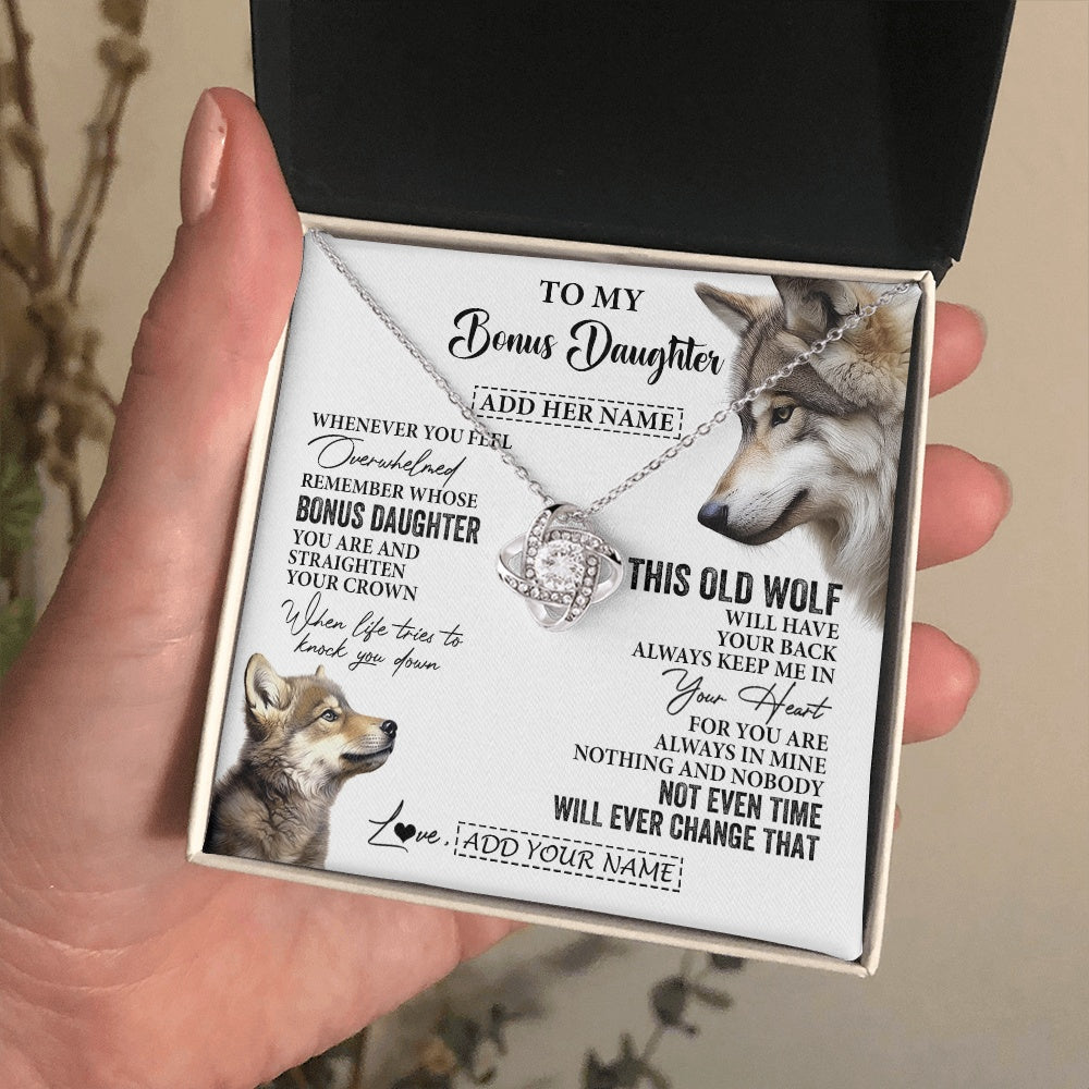 Love Knot Necklace 14K White Gold Finish | 2 | Personalized To My Bonus Daughter Gifts Necklace From Stepmom Whenever Wolf Unique Birthday For Stepdaughter Graduation Christmas Custom Gift Box Message Card | https://teecentury.
