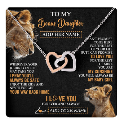Interlocking Hearts Necklace Stainless Steel & Rose Gold Finish | 1 | Personalized To My Bonus Daughter Gifts Necklace From Stepmom Wherever Your Journey In Life Lion Stepdaughter Birthday Gifts Christmas Gift Box Message Card | https://teecentury.