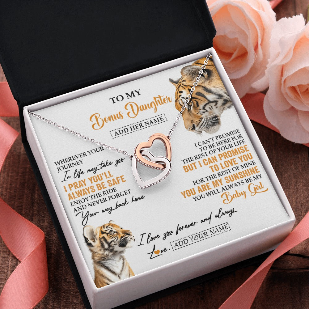 Interlocking Hearts Necklace Stainless Steel & Rose Gold Finish | 2 | Personalized To My Bonus Daughter Gifts Necklace From Stepmom Wherever Your Journey In Life Tiger Stepdaughter Birthday Gifts Custom Gift Box Message Card | https://teecentury.