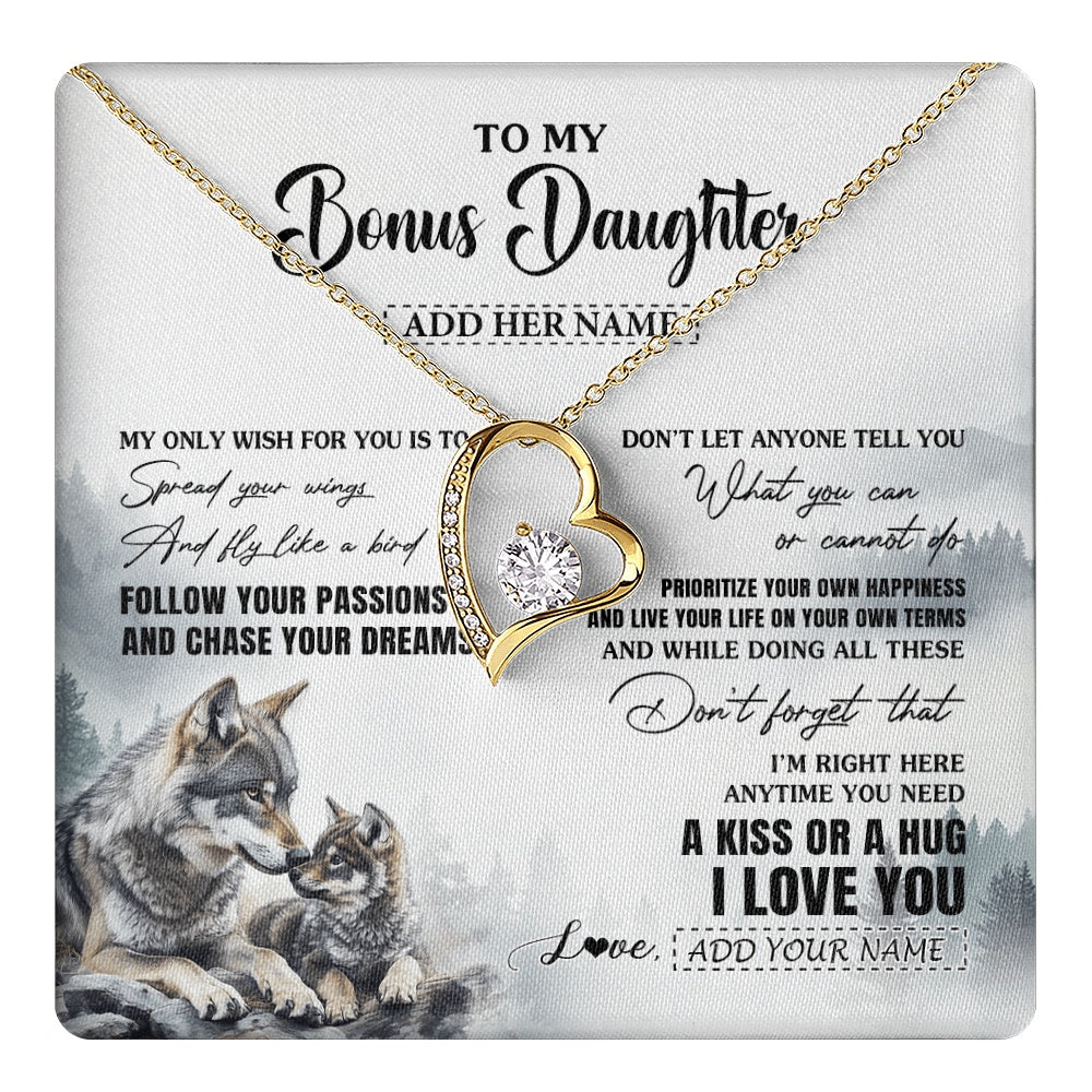 Forever Love Necklace 18K Yellow Gold Finish | 1 | Personalized To My Bonus Daughter Gifts Necklace From Stepmom Wolf My Only Wish For You Stepdaughter Birthday Gifts Graduation Christmas Gift Box Message Card | https://teecentury.