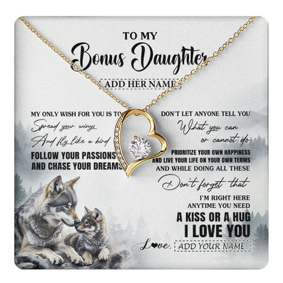 Forever Love Necklace 18K Yellow Gold Finish | 1 | Personalized To My Bonus Daughter Gifts Necklace From Stepmom Wolf My Only Wish For You Stepdaughter Birthday Gifts Graduation Christmas Gift Box Message Card | https://teecentury.