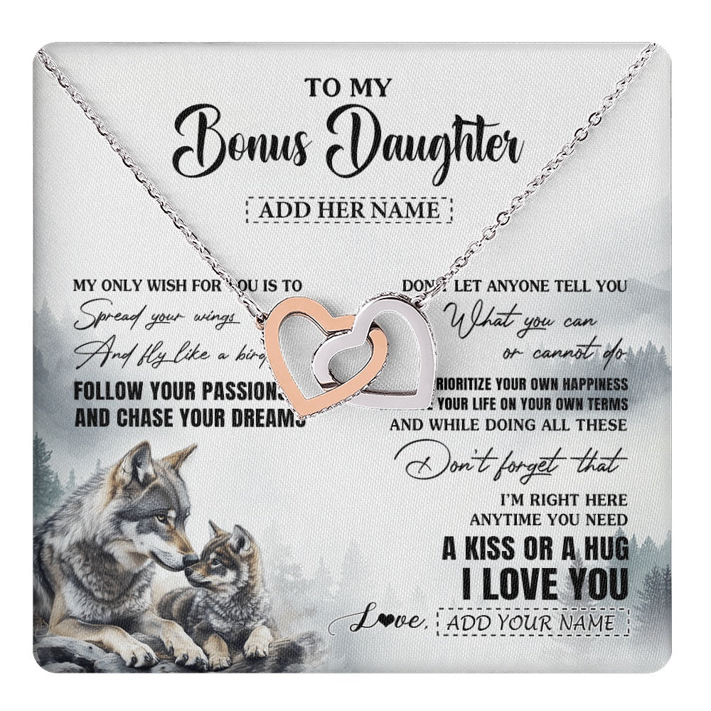 Interlocking Hearts Necklace Stainless Steel & Rose Gold Finish | 1 | Personalized To My Bonus Daughter Gifts Necklace From Stepmom Wolf My Only Wish For You Stepdaughter Birthday Gifts Graduation Christmas Gift Box Message Card | https://teecentury.