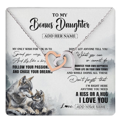 Interlocking Hearts Necklace Stainless Steel & Rose Gold Finish | 1 | Personalized To My Bonus Daughter Gifts Necklace From Stepmom Wolf My Only Wish For You Stepdaughter Birthday Gifts Graduation Christmas Gift Box Message Card | https://teecentury.